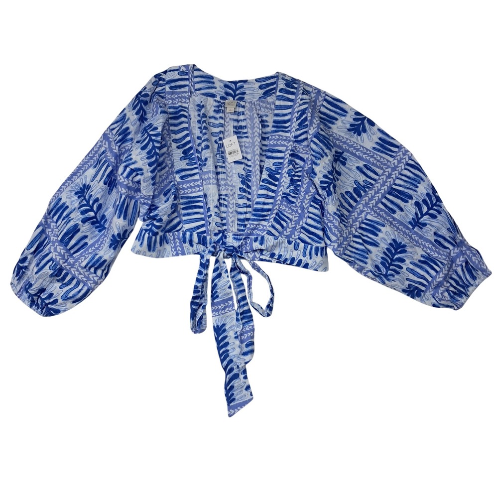 NWT LOFT Beach Wrap Top Womens Small Blue White Tie Front Cropped Vacation